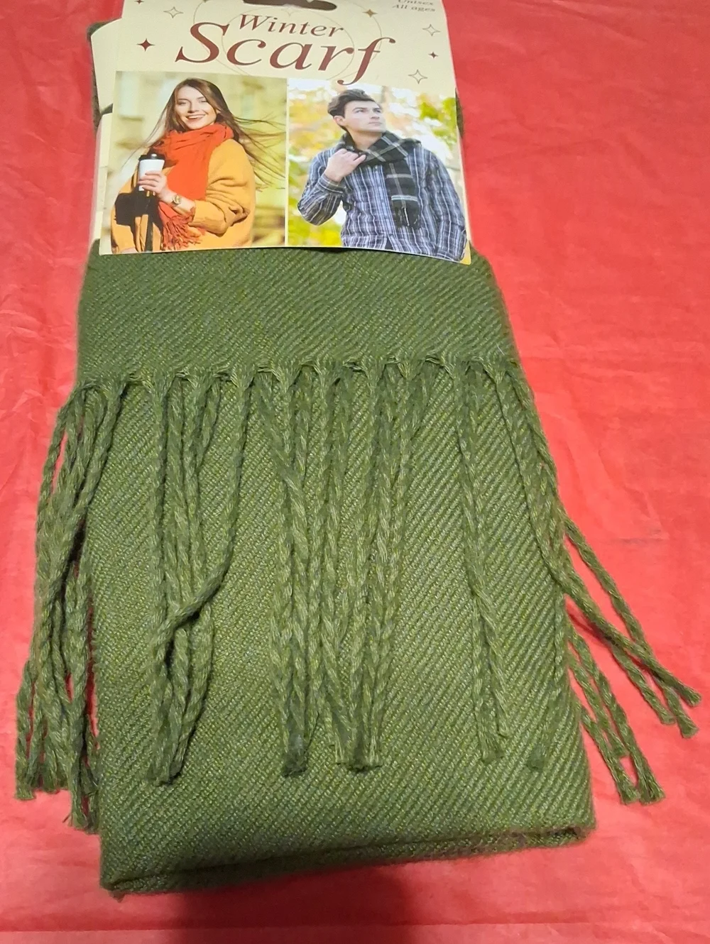Olive Green Winter Fringe Scarf - Women’s Cozy Wrap